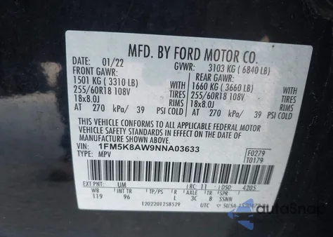 2022 Ford Police Interceptor из США, поврежденный, VIN 1FM5K8AW9NNA03633